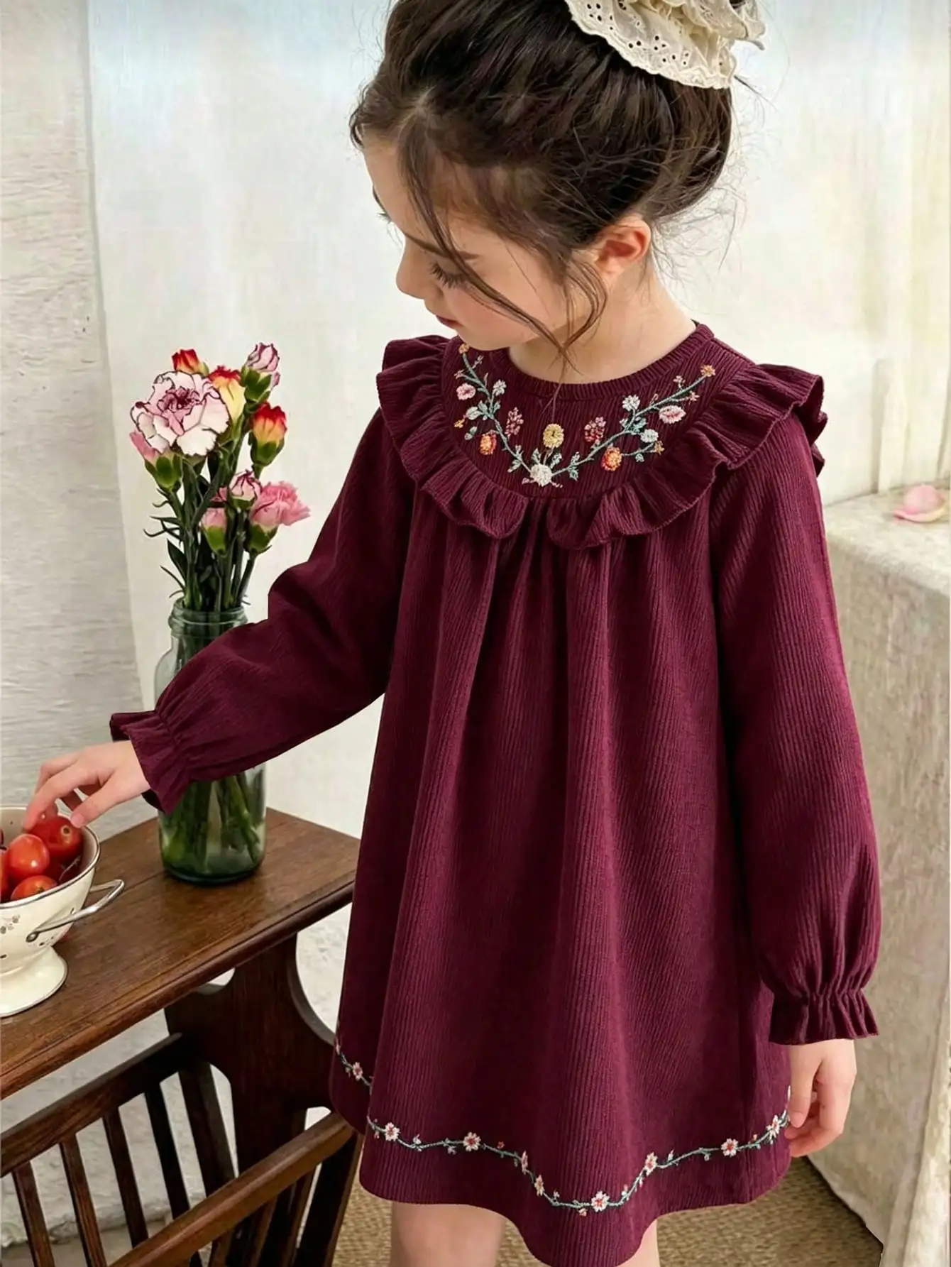 Embroidered Girls Dress, Ruffle Front Design Exquisite Embroidery Long Sleeve Loose Fit Dress, Suitable For Daily Wear/Casual Vacation