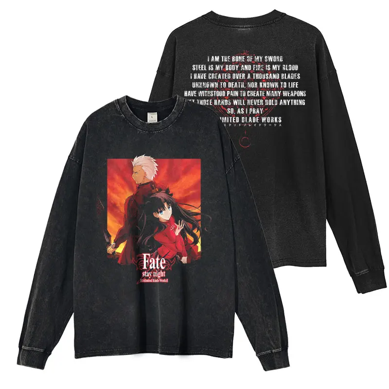 

Anime Fate Sweater Vintage Washed FGO Long Sleeve T Shirts Oversized Saber Rin Tohsaka Archer Sweatshirts Tops Tees 100% Cotton