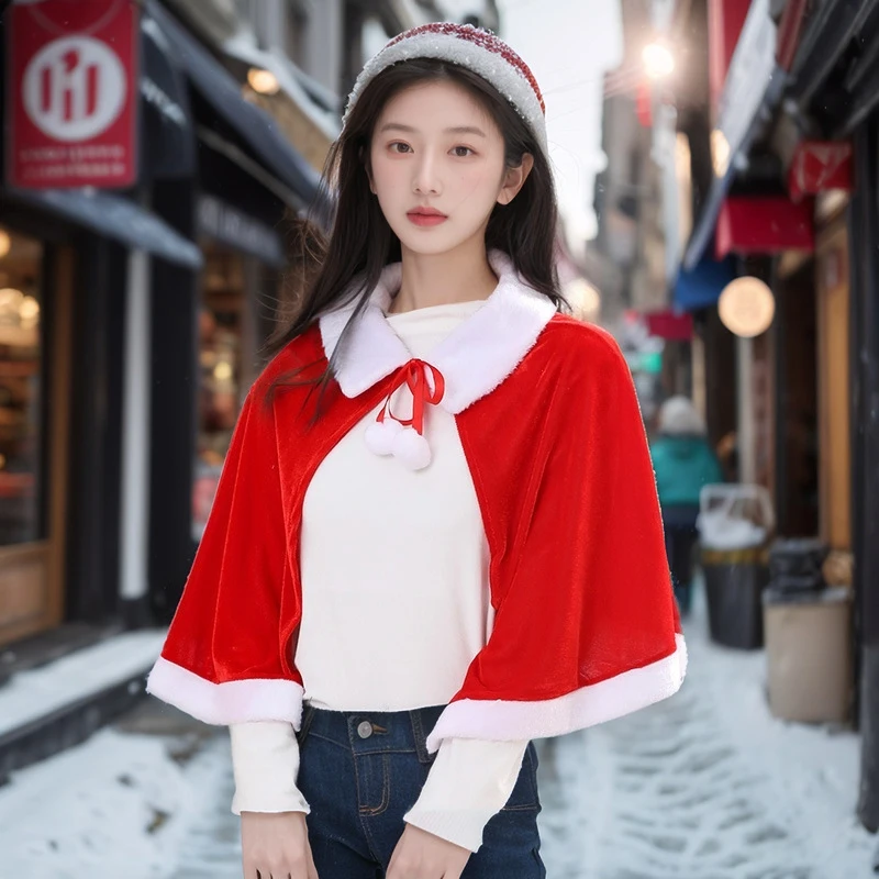 Christmas Winter Red Velvet Cape Cloak New Year Xmas Women Girl Shawl Party Cosplay Costumes Dress Decoration