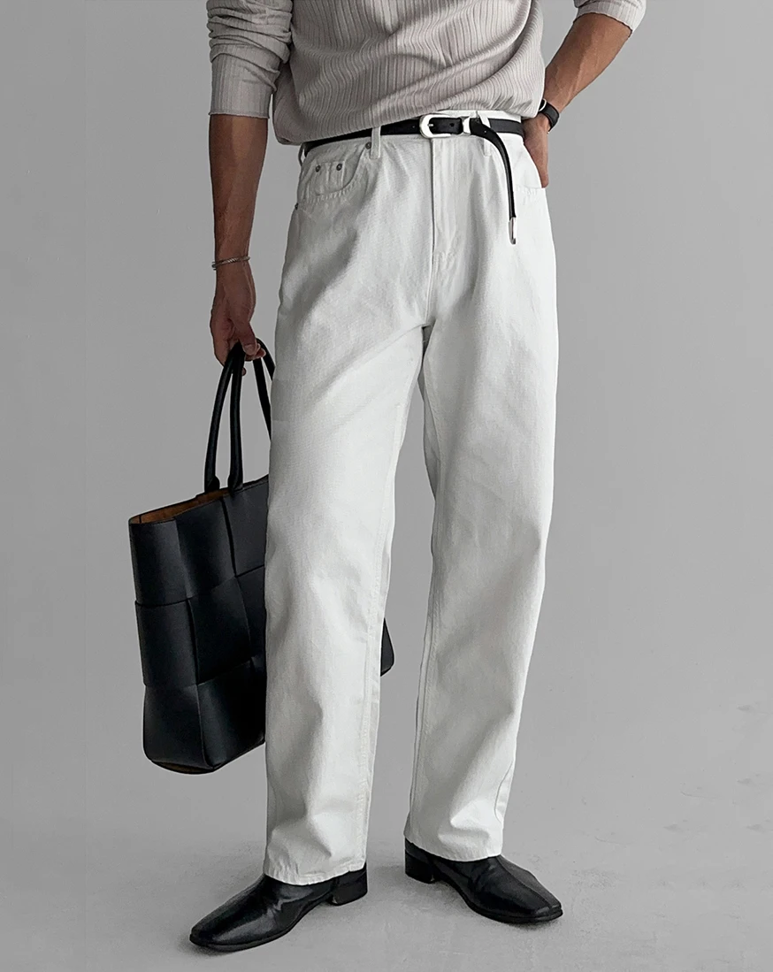 High-End White Men's Jeans Casual Straight Leg Long Pants Versatile Workwear American Retro Denim Pants Loose Fit Youthful Trend