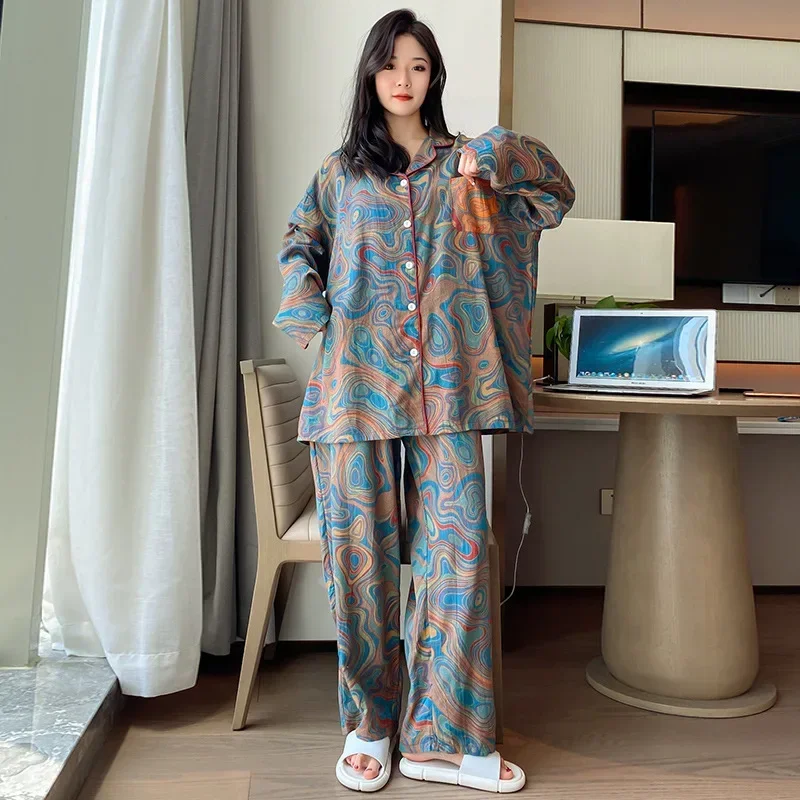 Piyama Katun Murni Ukuran Besar Celana Lengan Panjang Gambar Cetak Wanita Dua Potong Piyama Kardigan Kerah Musim Semi dan Musim Gugur Set Tipis