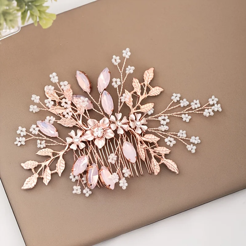 Rose Gold Color Crystal Pearl Flower Leaf Hair Comb Clip Hairpin Headband For Women Bride