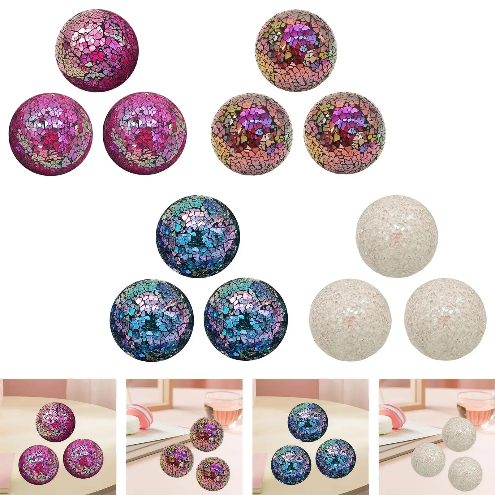 3x bolas de mosaico de vidrio, placa de orbes decorativos, decoración moderna para el hogar, 8cm para chimenea