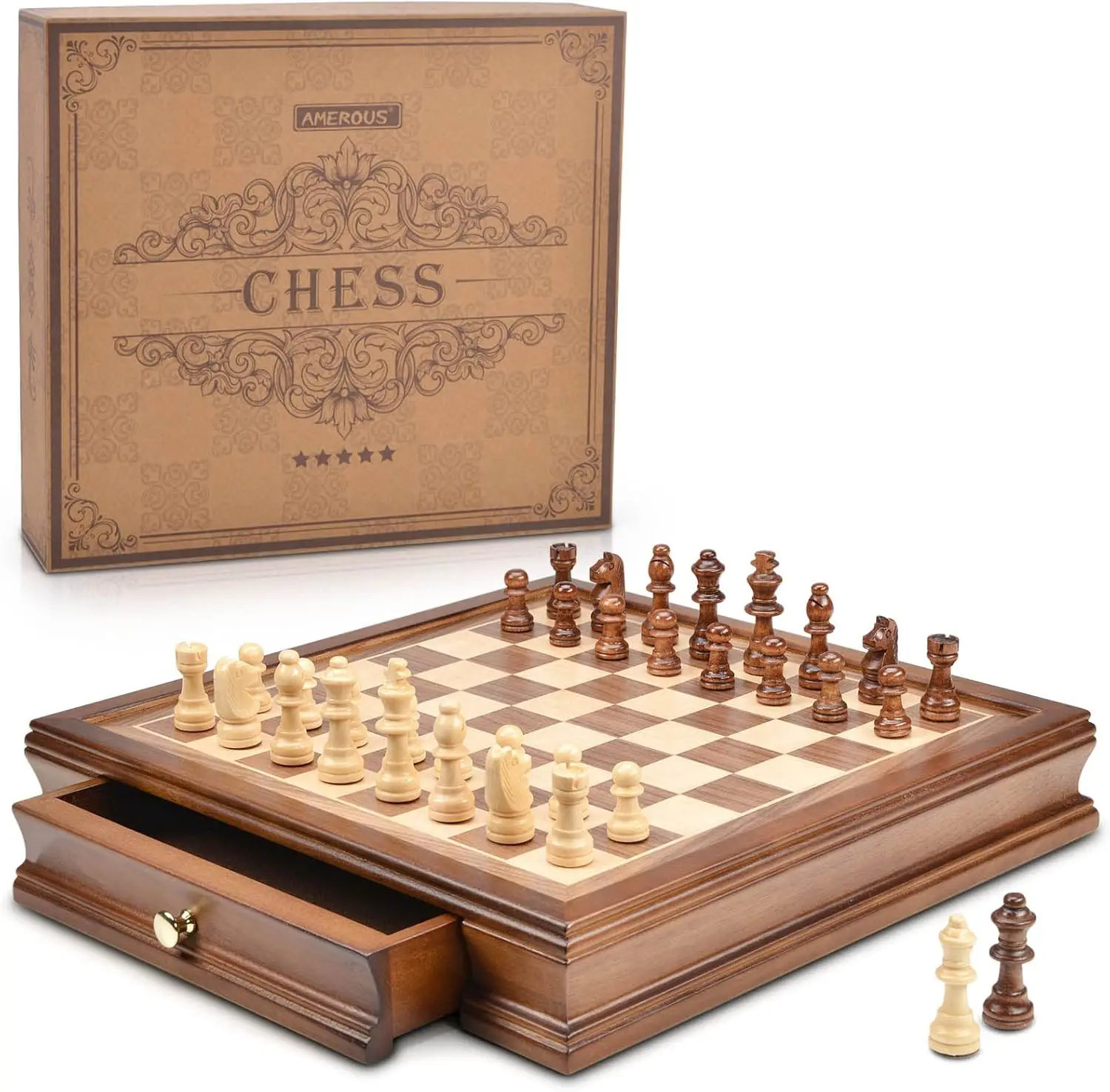 

12.8" x 12.8" Magnetic Wooden Chess Set with 2 Built-in Storage Drawers - 2 Bonus Extra Queens - Gift Packaging - Staunt