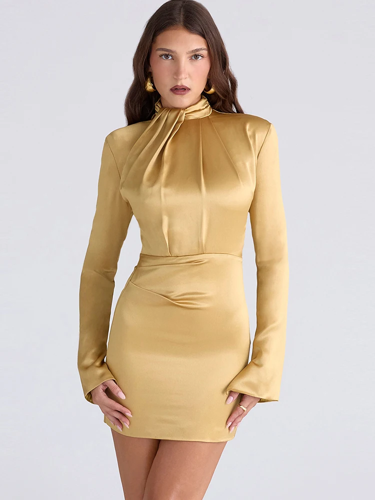 

Sibybo Sexy Ruched Bodycon Women Dress Elegant Turtleneck Long Sleeve Solid Package Hip Dresses Female Evening Party Vestidos
