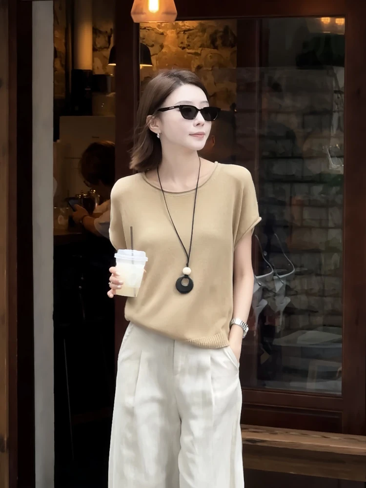 

Loose Fit Knitted Top round Ne Svel Summer Vintage Roll Design Comfortable Commute Sle Women's Faion