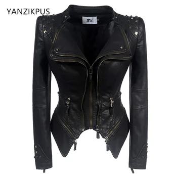 แจ็กเก็ตหนัง PU สำหรับผู้หญิง, เสื้อผ้าแนวสตรีท, เก๋, บาง, สั้น, เสื้อโค้ทหัวรถจักร, แจ๊กเก็ตหญิง, Steampunk