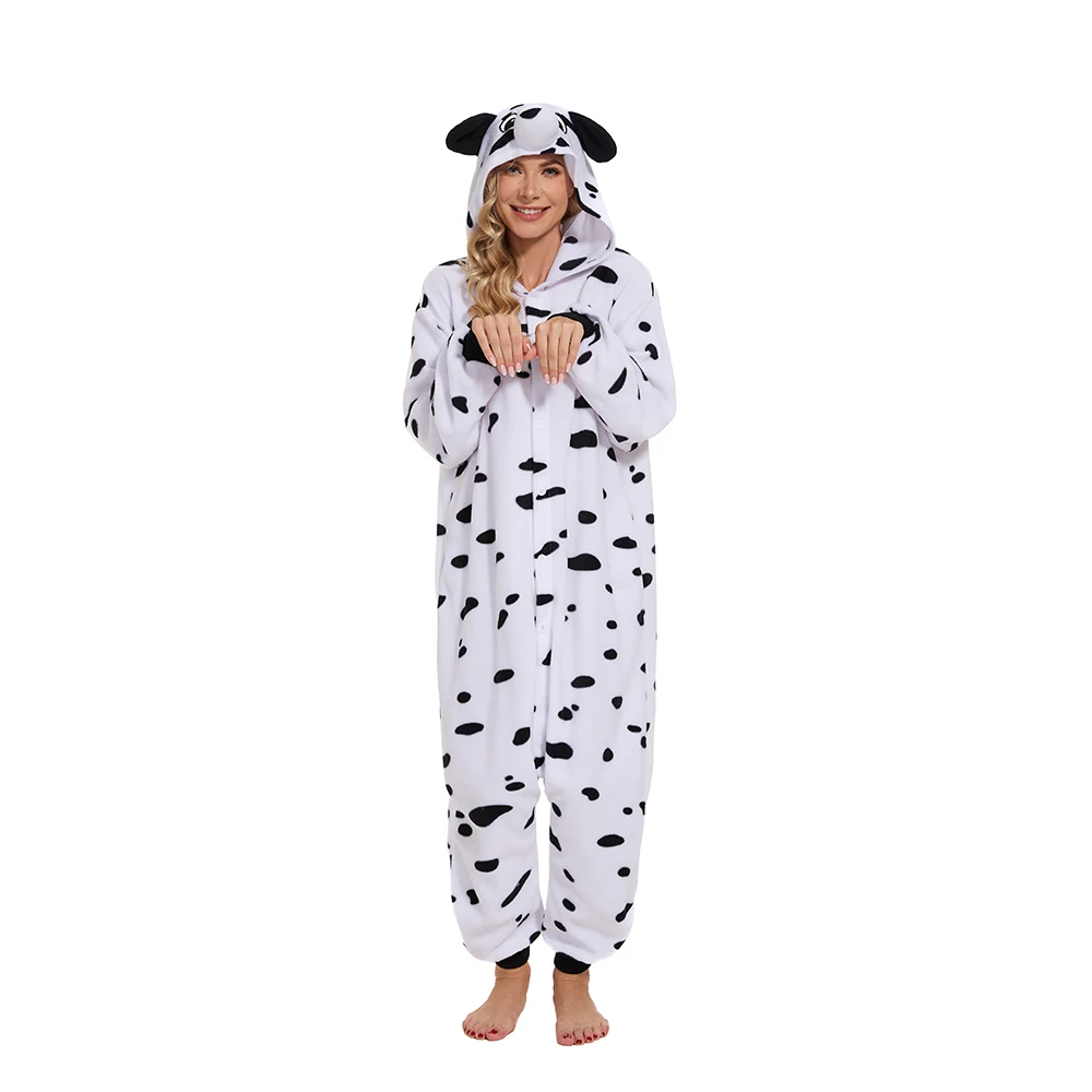 Adults Dalmatian One-Piece Pajama for Men and Women Winter Onesie Hooded Sleepwear Pijama Halloween Dog Cosplay Costume Jumpsuit