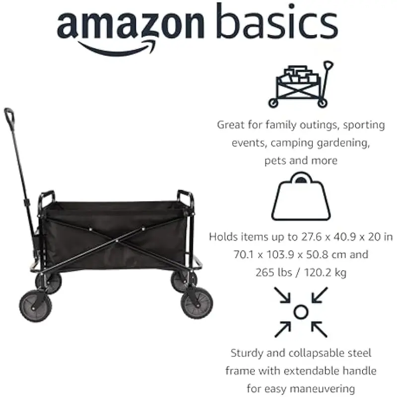 Heavy duty collapsible utility wagon for outdoor adventures camping gardening shopping or pet transport black finish 265 lb load