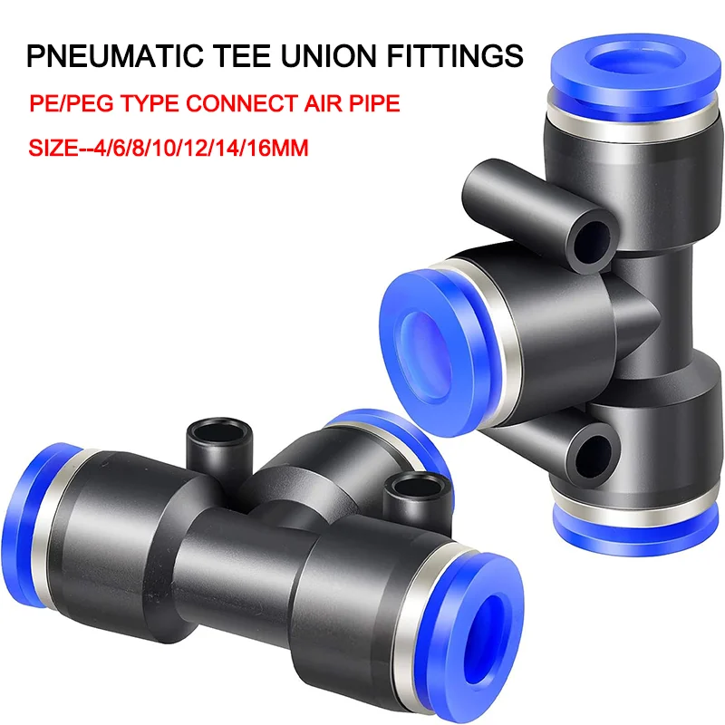 PE/PEG Tee Pneumatic Fitting Push to Connect Fittings Plastic Quick Tube Connector 4/6/8/10/12/14/16MM OD Fittings Quick Release