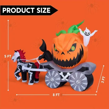 8 Ft Long Halloween Inflatables Pumpkin Carriage Outdoor Decorations Blow Up Pumpkin Carriage with Build-in LEDs Blow Up for Yard, Halloween Inflatables Party Decoration Outside Garden Lawn 4