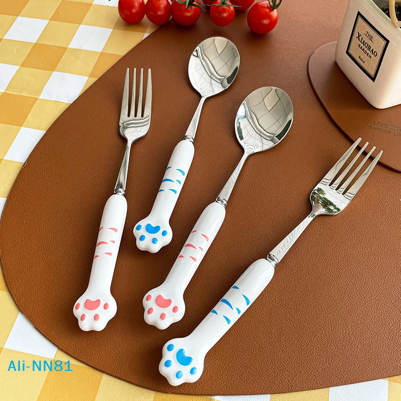 【N】Cute Cat Paw Cutlery Set Stainless Steel Fork Spoon With Storage Box Dinnerware Tableware Silverware Lunch Portable Tableware