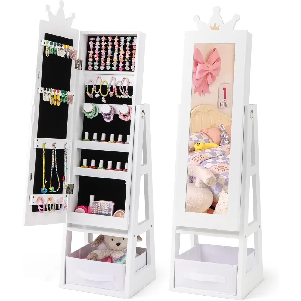 

Детский шкаф для украшений - 45,5-дюймовый напольный шкаф-витрина для украшений с зеркалом в полный рост, выдвижным ящиком для хранения и задней полкой