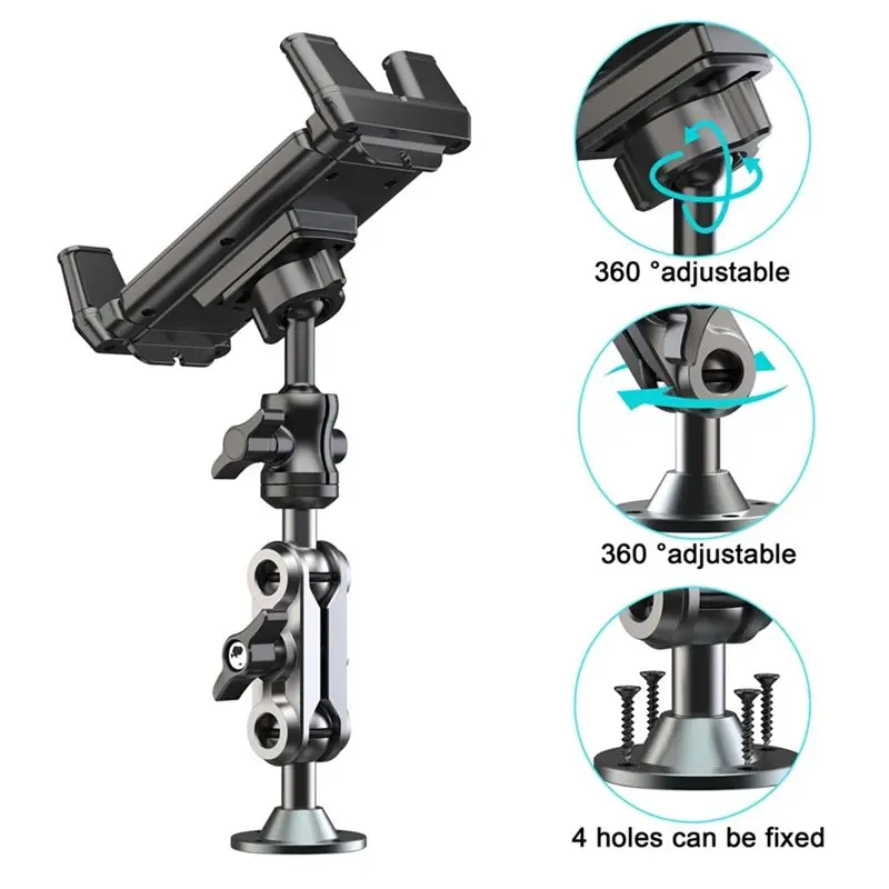 A42Z-Car Phone Holder Heavy Duty Drill Base Tablet Holder Car Mount Dashboard 360° Adjustable 2-Stage Stand For 4.7-13