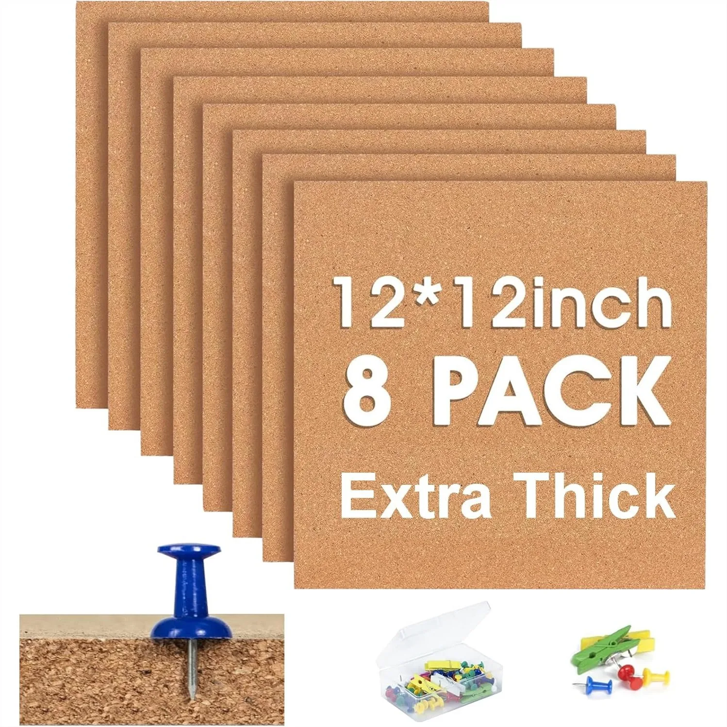

Cork Board Tiles 12x12 Inches, Extra Thick Self-Adhesive Bulletin Boards for Wall, 8 Pack with Wood Clips and Pins for Home