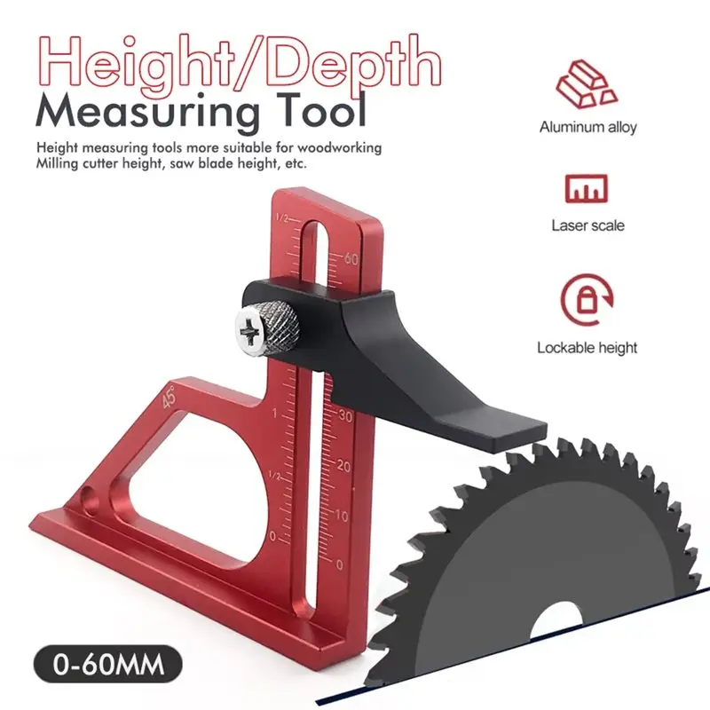 ABGH-Adjustable 0-60Mm Table Saw Depth Gauge Aluminum Alloy Metricandinch Scale Setting Blade Router Bits Bench