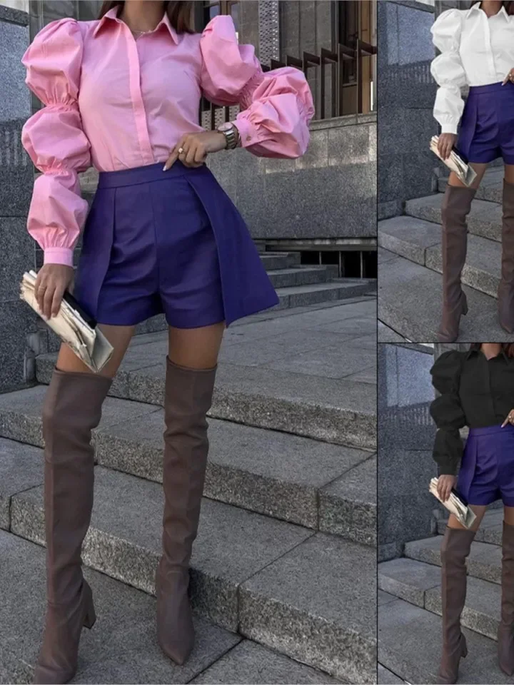 Solid Color Bubble Sleeves Summer New Fashion Style Loose Long Sleeved Collar Professional Casual Single Breasted Shirt