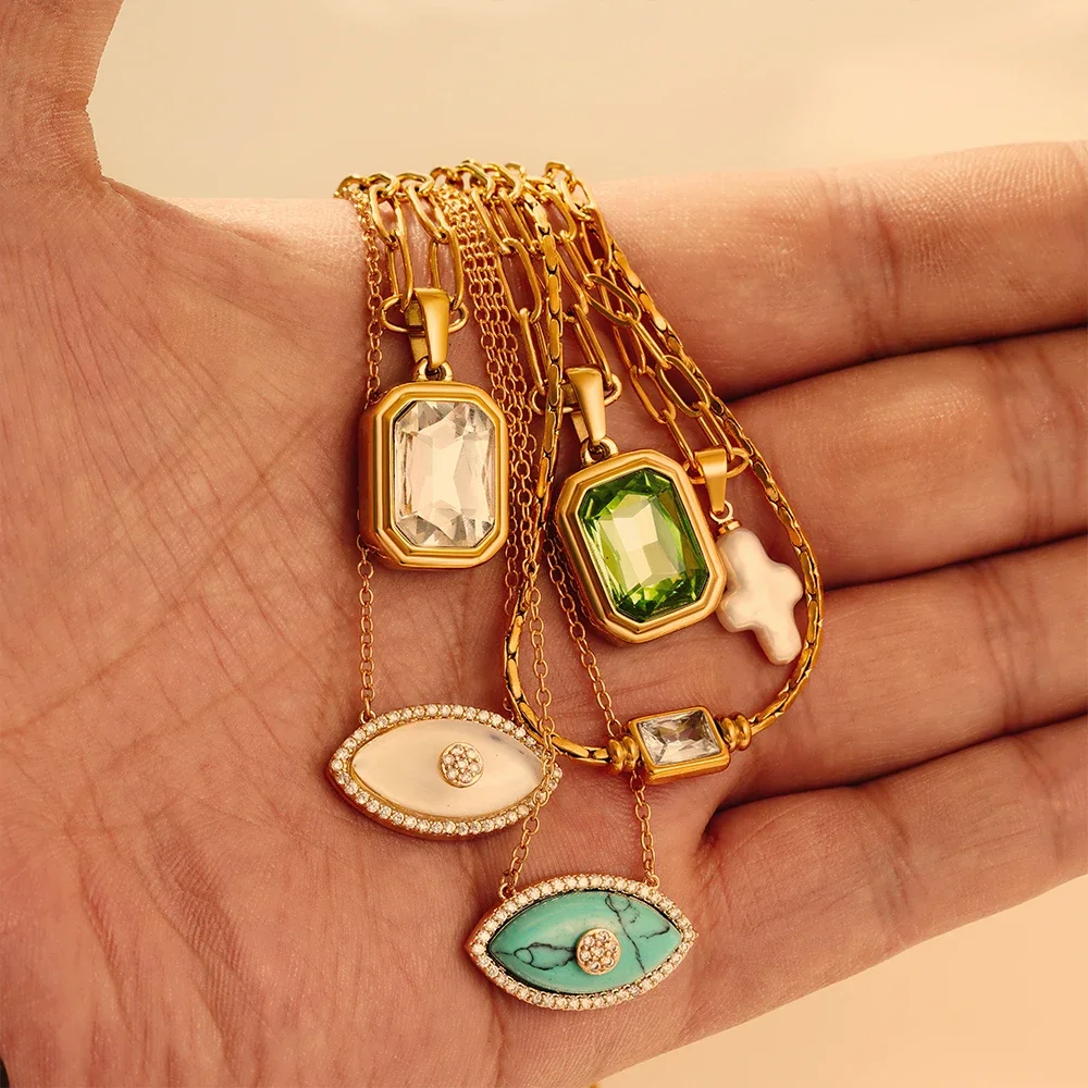 

Vintage Turkey Evil Eye Opal Pendant Square Multicolour Crystal Snake Chain Necklace Shiny CZ Pearl Cross Choker Collar Jewelry