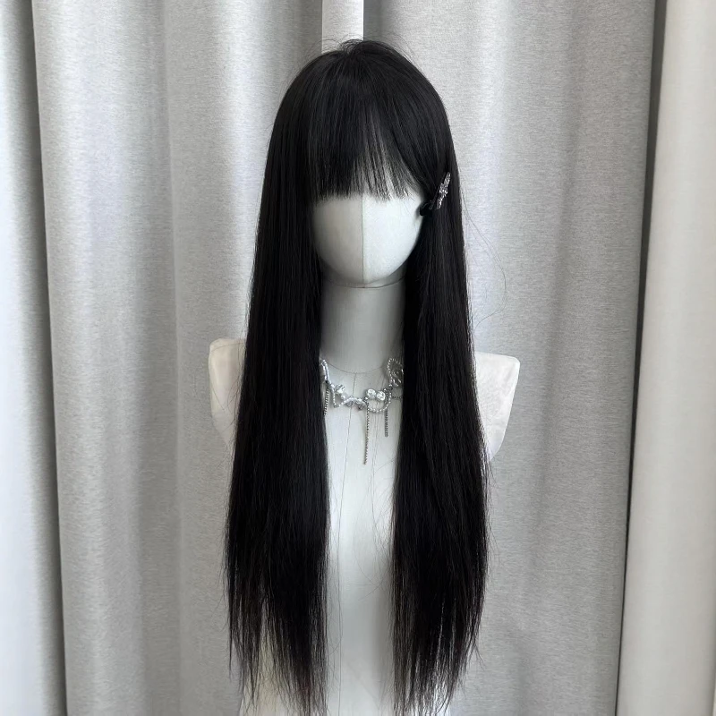 ふんわりとした女性用ウィッグ、ヴィンテージスイートスタイル、前髪付き、黒のロングストレートヘア60cm、普段使いに最適、jkウィッグ