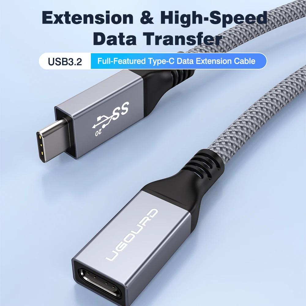 UGOURD Type-C Extension Cable 20Gbps USB3.2 Gen2 PD100W Fast Charging Full Function USB-C Male to Female Braided Data Video Cord