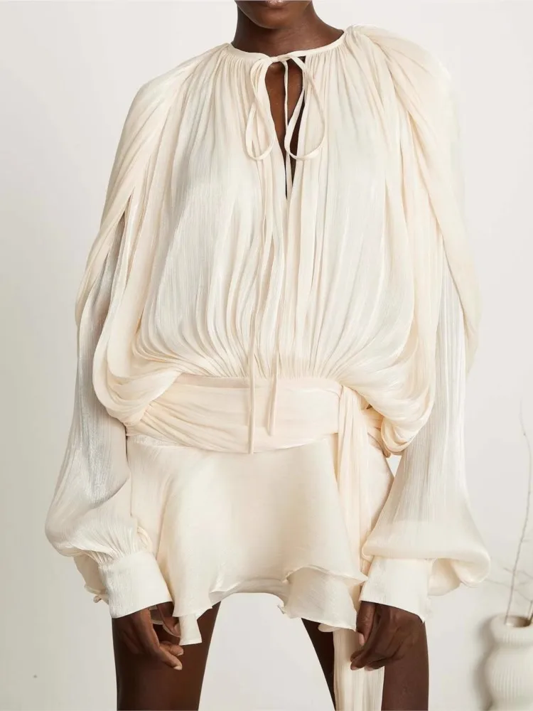 

Dresses For Woman French Vestidos Elegant Puff Sleeve Dress Fashionable Loose Lace-up Solid Color Leace-up Simple Style Trendy