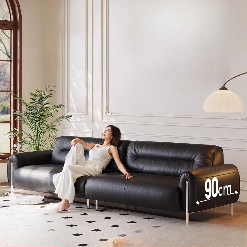 Leather sofa living room light luxury first layer cowhide straight row narrow sofa small apartment black medieval Bauhaus leathe