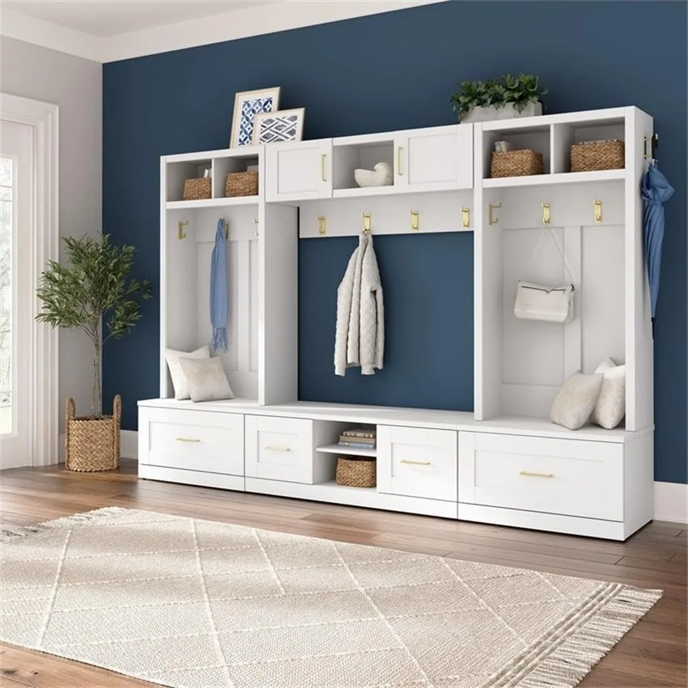 Hampton Heights Full Entryway Storage Set with Coat Rack, Hall Trees, and Shoe Benches with Doors and Drawers in White