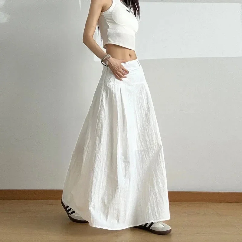 White High Waist Casual Midi Skirt Women Summer New Loose A Line Skirts Fashion Simple Basic Solid Quick Drying Skirt Mujer