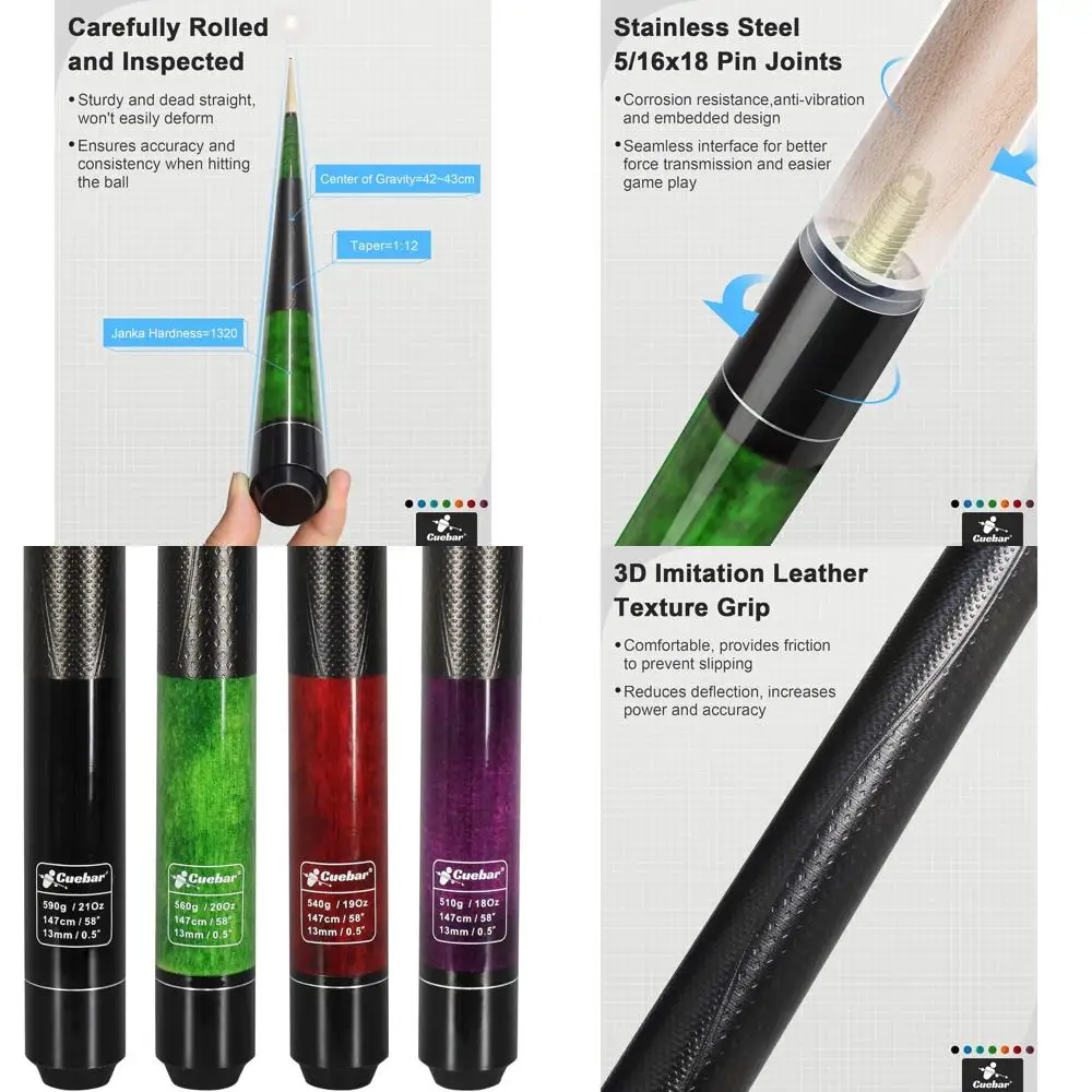 

4 Weights 58 2-Piece Pool Cues with 3D Grip for Adults and Home Bar Use