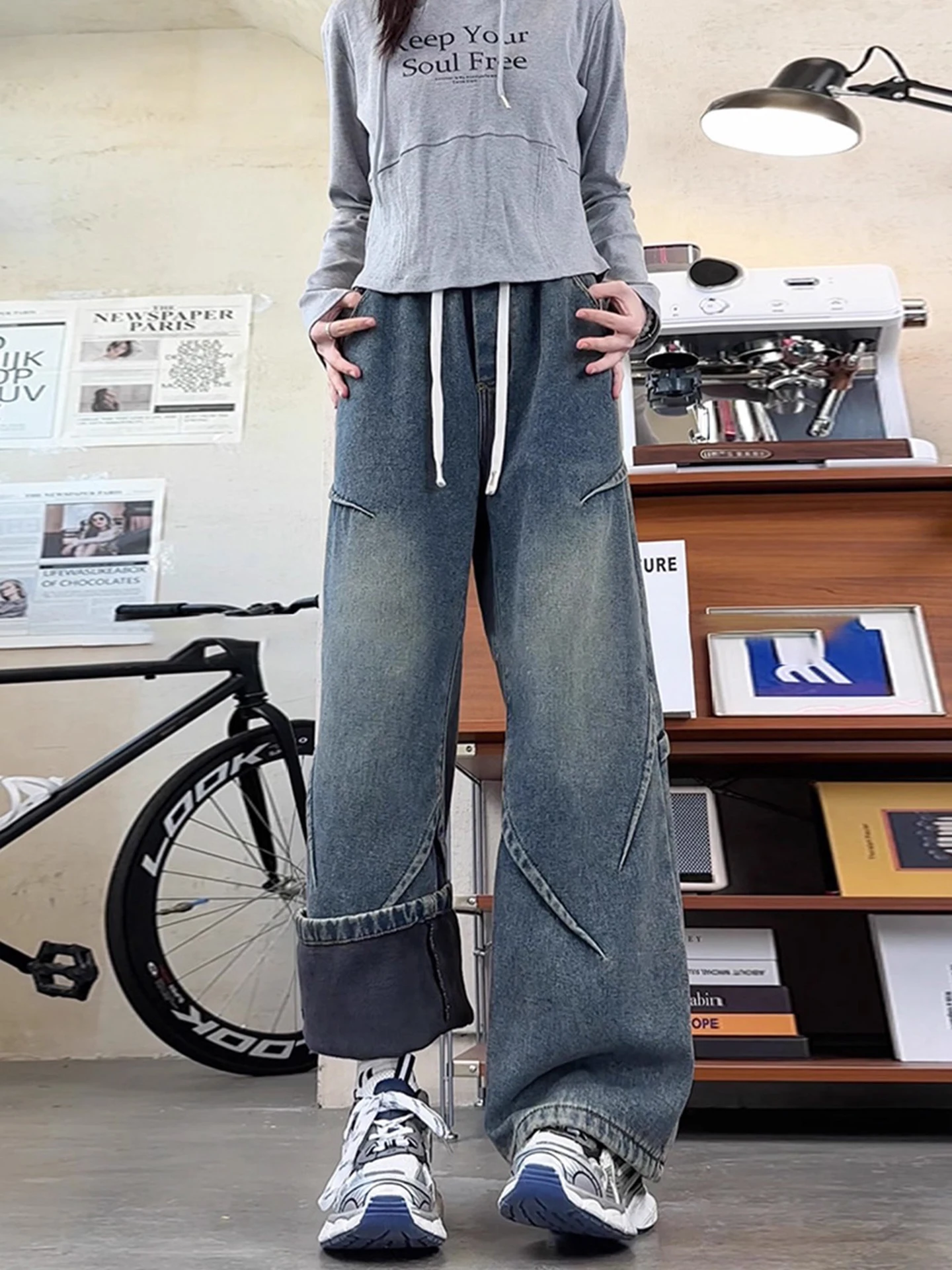 

Джинсы Waed Blue adient из денима, утолщенные, свободного прямого кроя, в американском стиле High Street, длинные брюки для мужчин и женщин