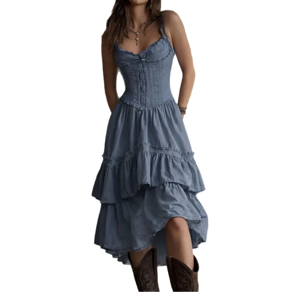 Damen Boho Spaghettiträger-Korsettkleid mit Spitzenbesatz, gestuftem Rüschensaum und unregelmäßigem Schnitt, Midi-Kleid, Vintage, lässig, Party, Sommerkleid – Detail 2