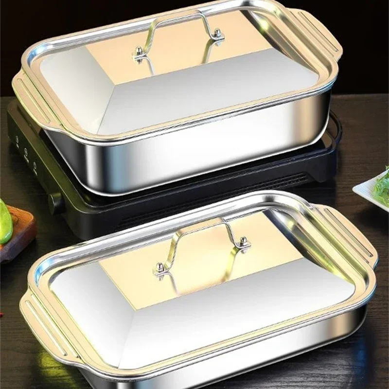 304 Stainless Steel Grilled Fish and Crayfish Tray with Lid Rectangular Tray Induction Cooker Deep Dish BBQ Beef Food Plate