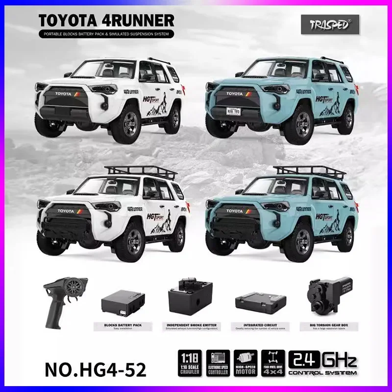 Hg 4runner 1:18 modelo eléctrico de alta simulación, 2,4g, adornos estáticos, iluminación, efecto de sonido de humo, tracción en las cuatro ruedas, Rc