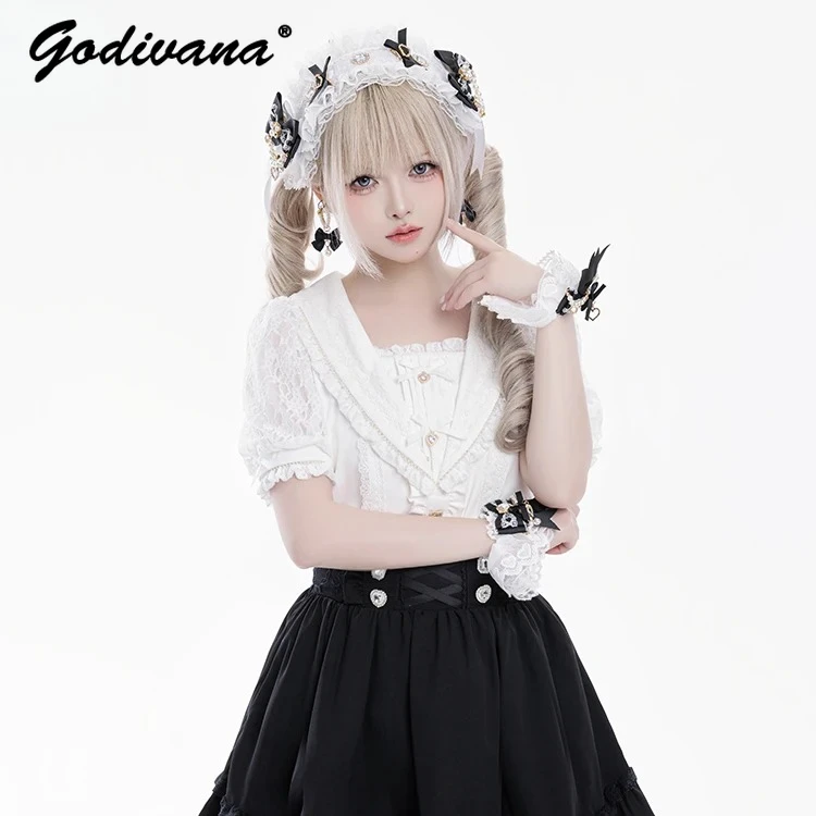 

Японская милая рубашка с матросским воротником и кружевным бантом для девочек, новая летняя женская рубашка в стиле Лолиты массового производства, топы Mujer