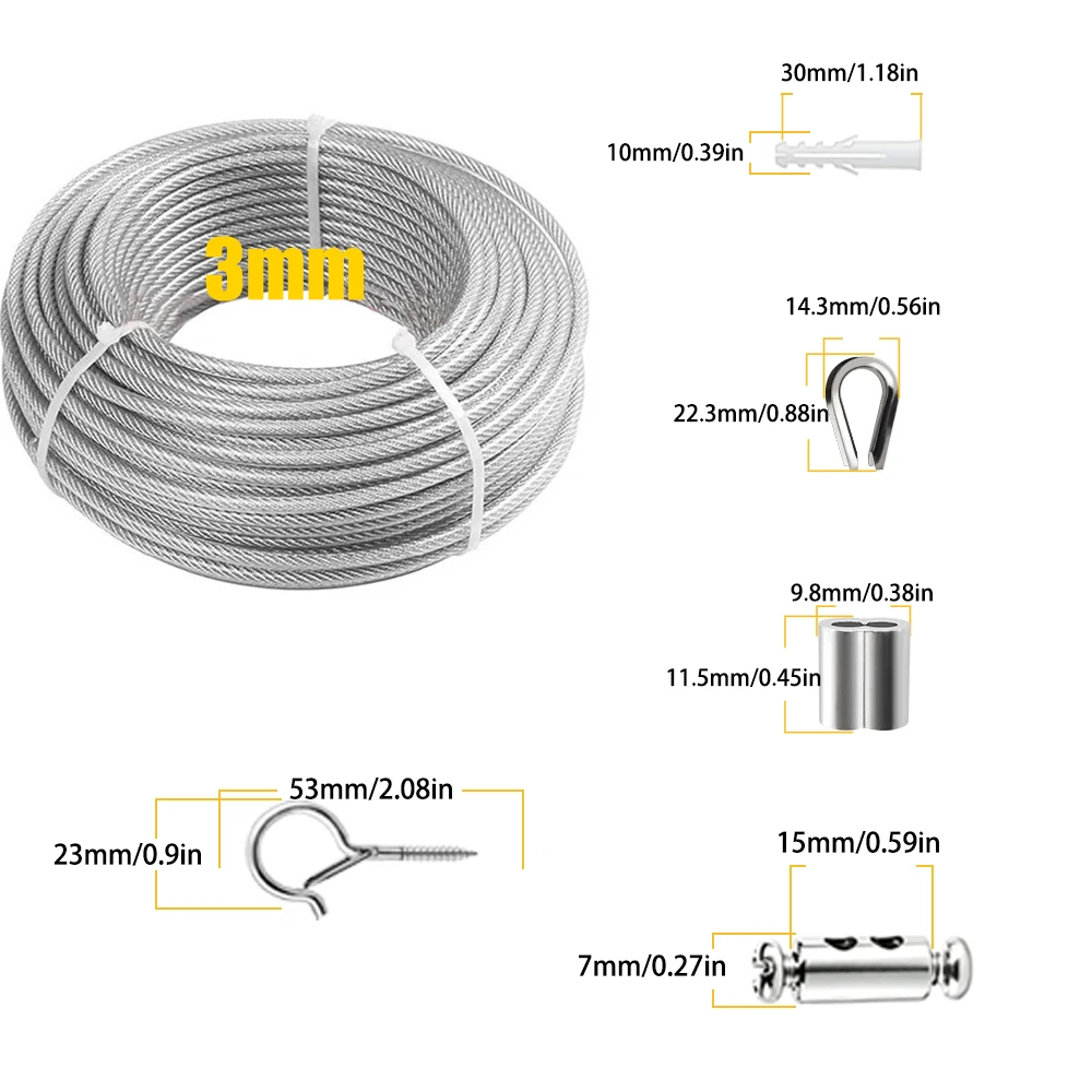 3mm Stainless Steel Wire Rope PVC Coated 15/30M Cable Suspension Kit used for Fence Safety Protection Tent Sunshade