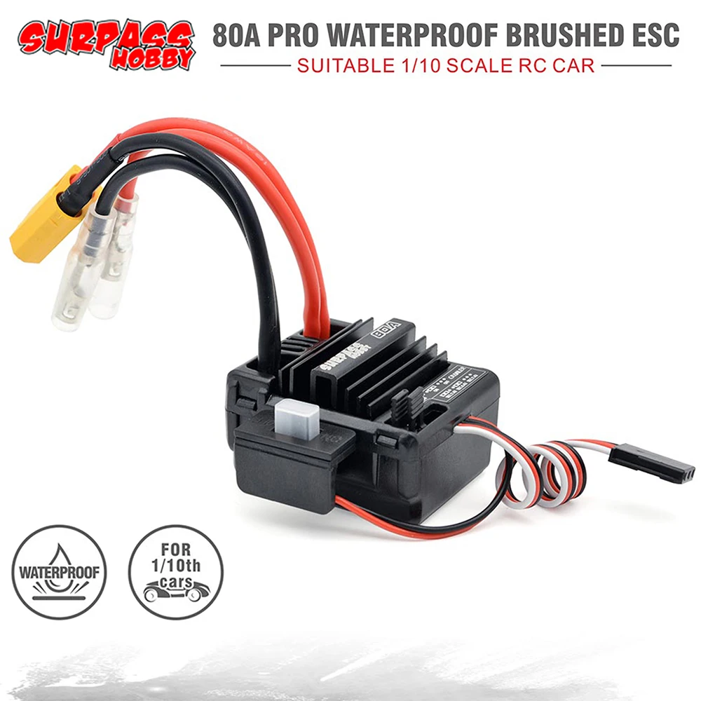 SURPASSHOBBY 80A Brushed ESC for RC 3-Slot 550 Motor for 1/10 1/12 RC Car Wltoys 144001 124019