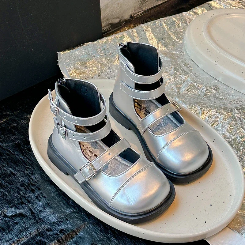 Children's Leather Shoes Simple Silver Black School Shoes for Girls Fashion New Ankle-strap Kids Causal Princess Mary Jane Shoes