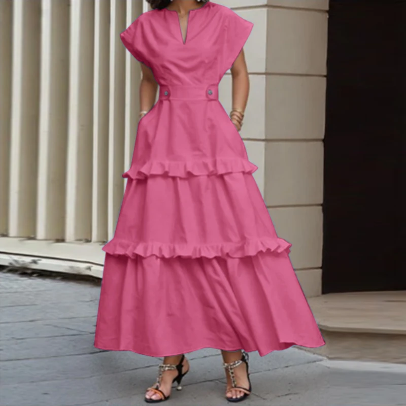 

VONDA Women Summer Dress 2025 Solid Color Sundress Beach V-Neck Ruffled Vestidos Bohemian Casual Loose Robe Oversized