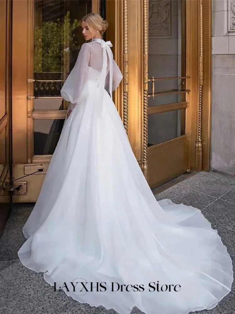 LAYXHS シンプルなウェディングドレス ハイネック A ライン 長袖 オーガンザ ボタン リボン ブライダル ドレス カスタマイズ hochzeitspartykleid