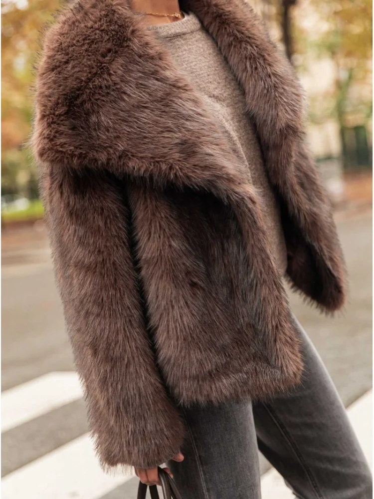 2024 Women Fashion Cropped Faux Fur Jacket Coat Long Sleeve Front Snap-button Female Outerwear Chic Lapel Collar Thick Coats