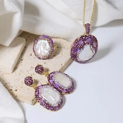 GLSEEVO Natural Baroque Pearl Amethyst Inlaid Water Diamond Women's Jewelry Set Necklace Earrings Ring Ladies Exquisite Jewelry