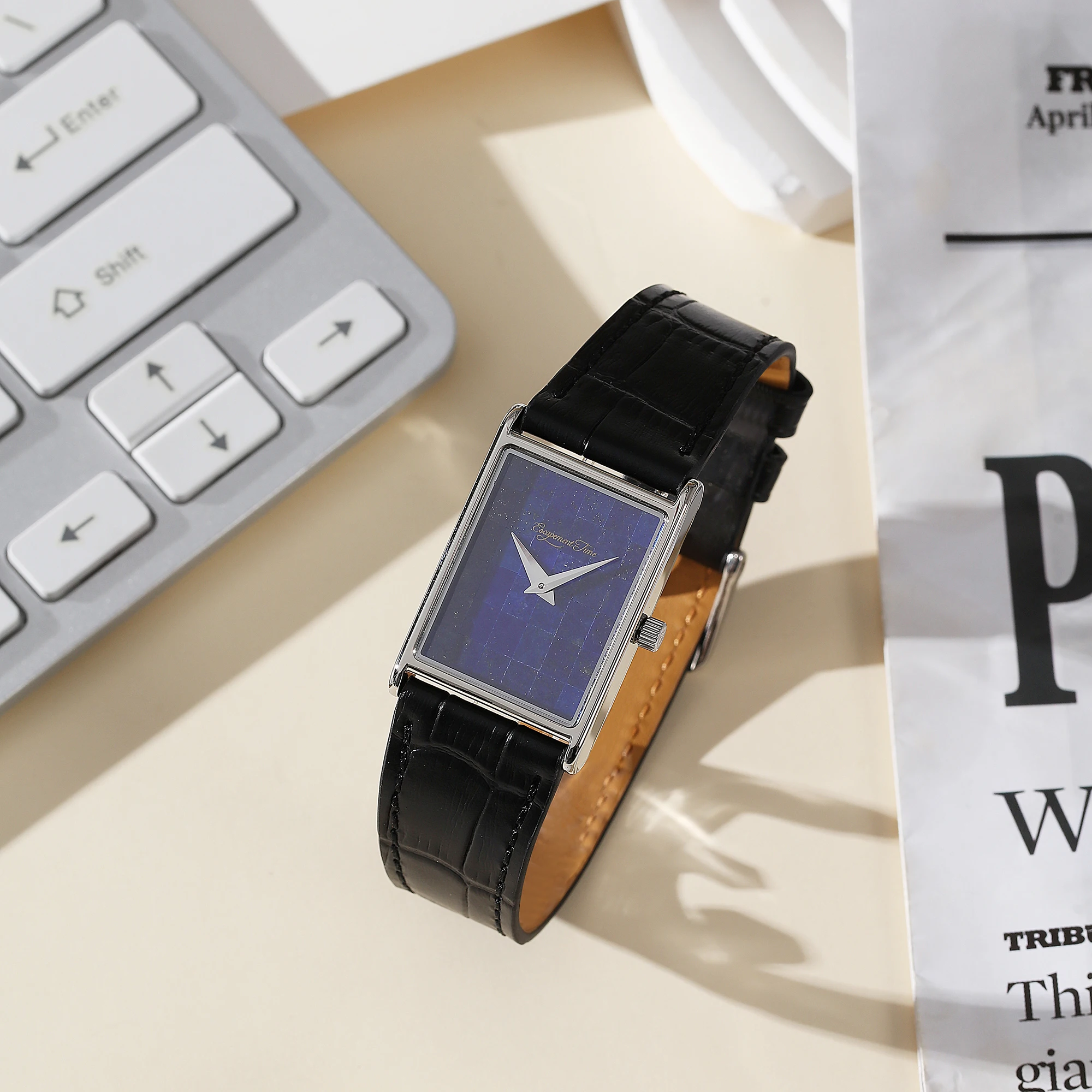 【Escapement Time】Reloj de cuarzo cuadrado con empalme manual Esfera de lapislázuli natural 9T22 Pequeño y delgado