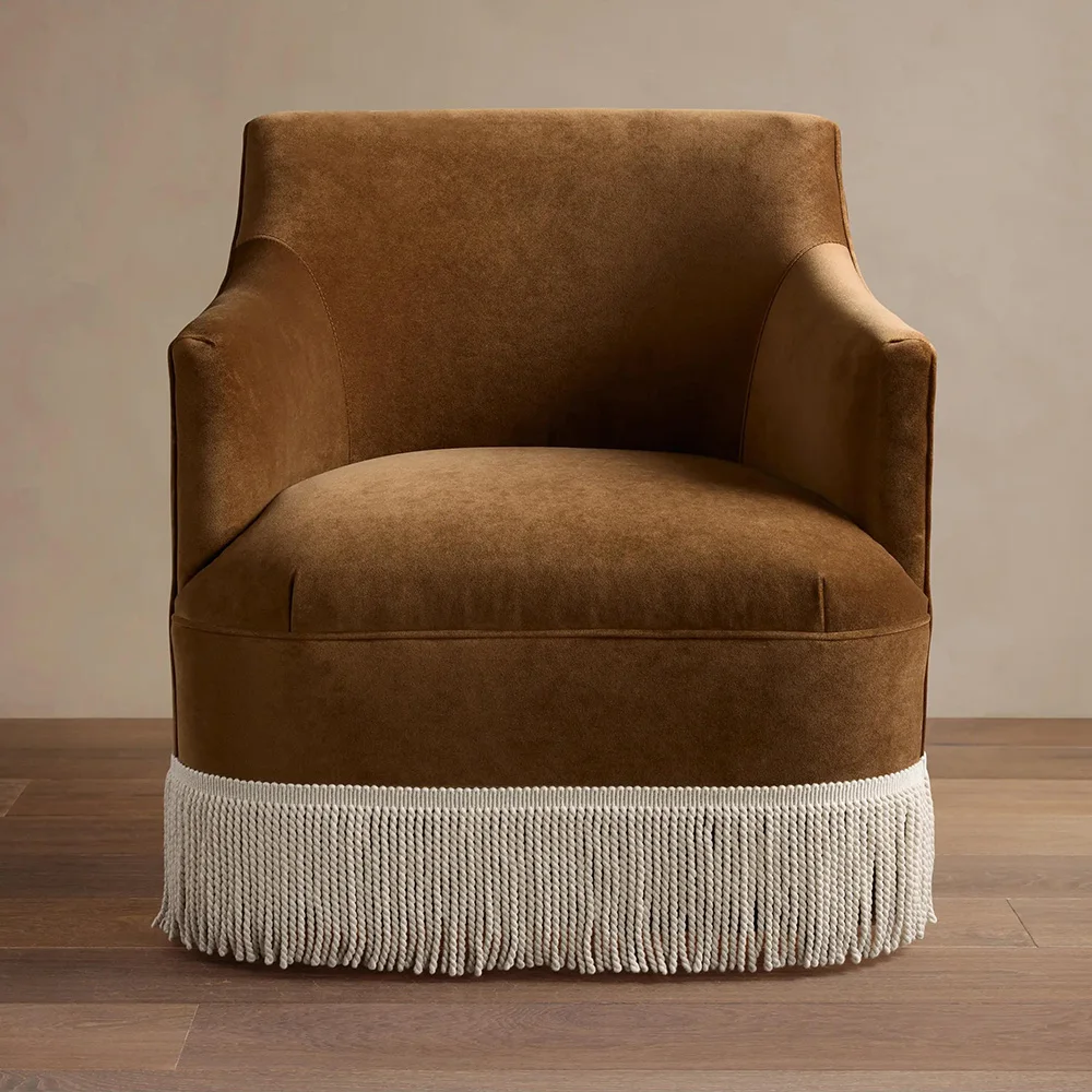 ！@Vintage Style Fabric Living Room Single Sofa Chair Armchair Lounge Chair Leisure Chair with Fringe