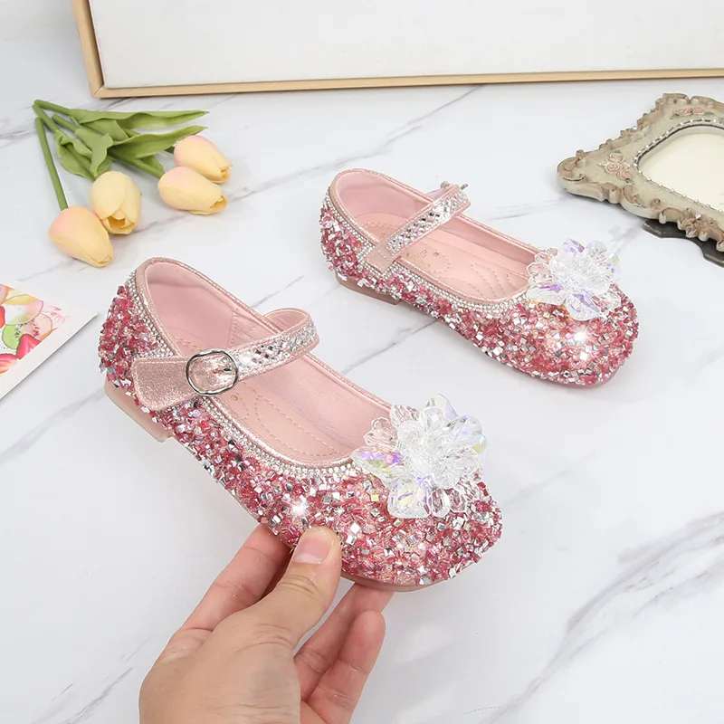 Zapatos de princesa para niñas, calzado de cuero con diamantes de imitación, azul, rosa, ostentoso, Mary Janes