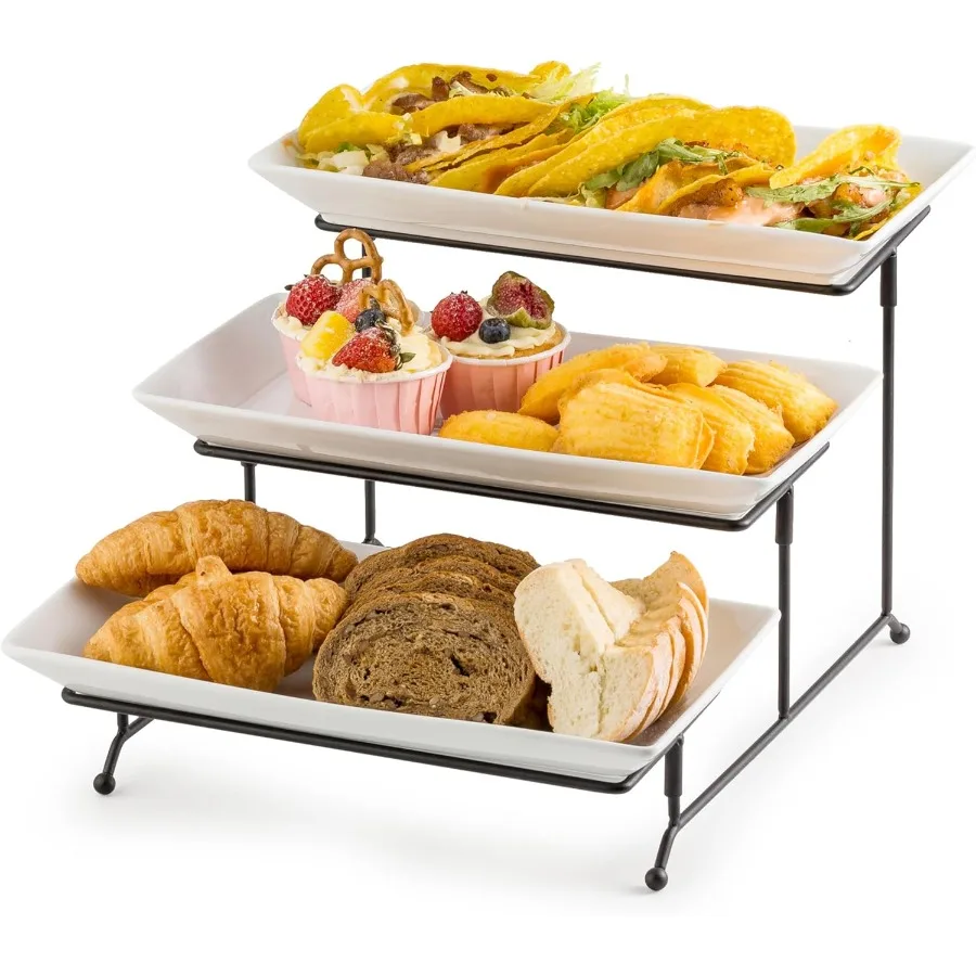 

3 Tier Serving Trays Stand with Porcelain Serving Platters 12 Inch White Dinner Plates for Appetizer Snack Fruit Cup Cake Displ