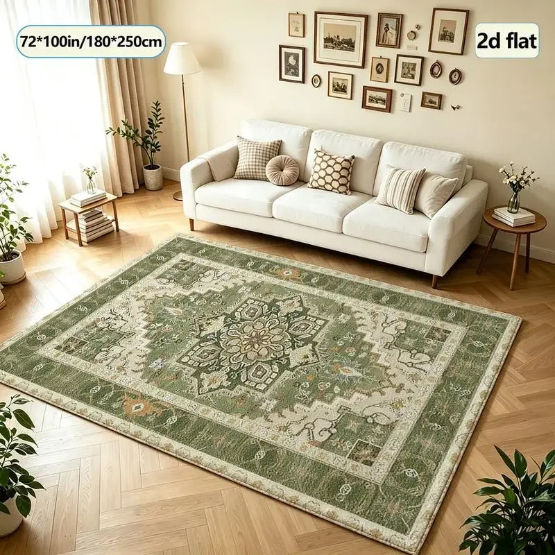 Green Bohemian Style Oriental Medalion Pattern Carpet, Vintage-Style Square Carpet, Suitable for Bedroom and Living Room Floor D
