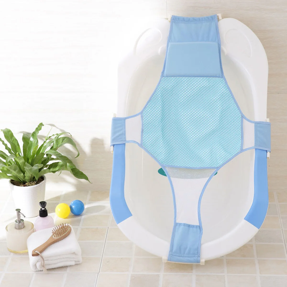 

1Pcs Baby Bath Support Net Comfortable Mesh Infant Shower Seat Anti-Slip Sturdy Buckle Adjustable Baby Shower Net Blue