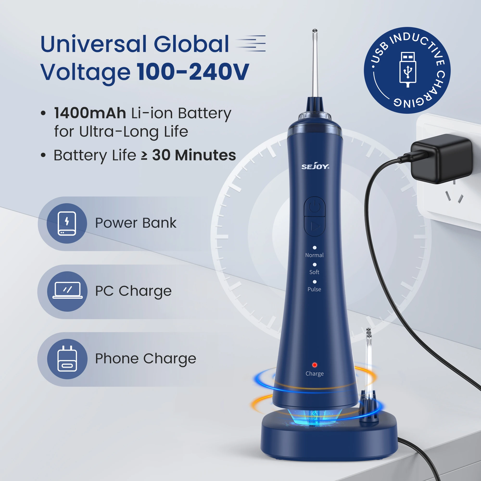 SEJOY جهاز ري الفم TB5011C جهاز تنظيف الأسنان بالماء المحمول مع قاعدة شحن لاسلكية المياه النفاثة الخيط خلة أسنان 5 طرف نفاث