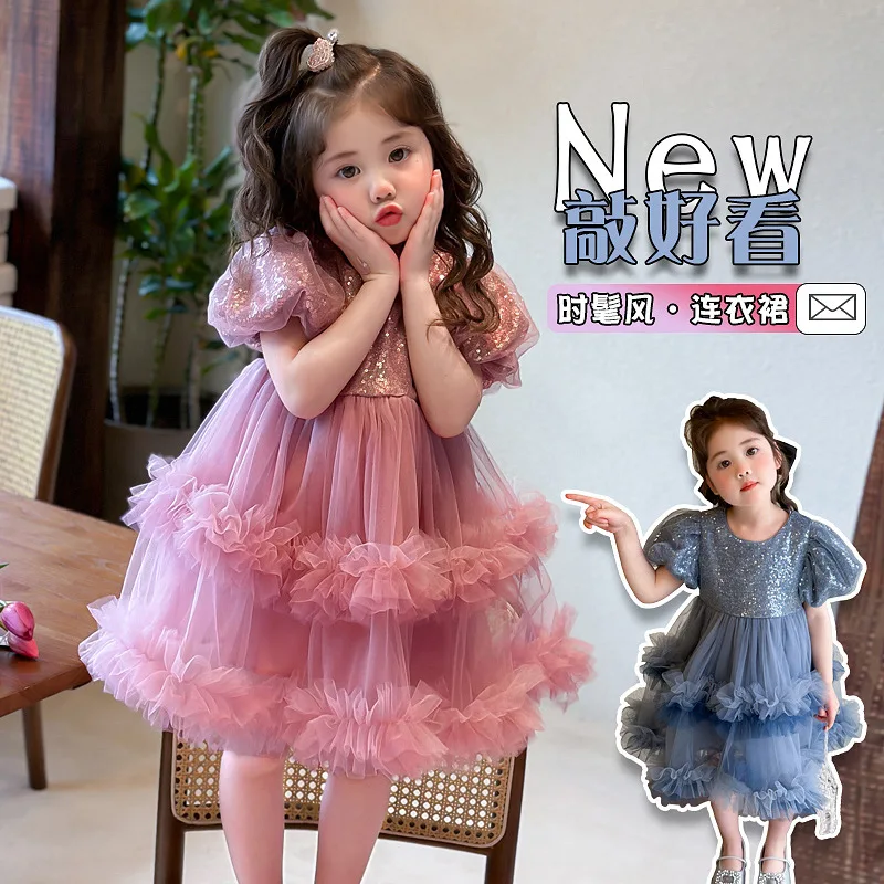 Het is Yiiya Aangepaste bloemenmeisjesjurk Felroze pailletten Tule O-hals Korte gezwollen mouwen Rits Terug Knielange kinderjurk T139