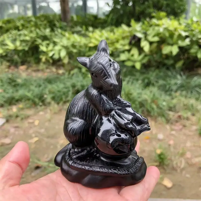 10CM Natural Black Obsidian Mouse With Money Bag Carving Cartoon Stones Healing Polished Mineral Ornaments Home Decoration 1PCS
